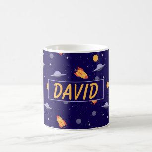 Pattern space orange blue name coffee mug