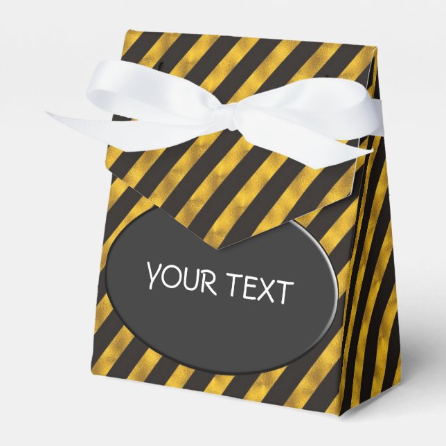 Pattern - stripes gold - black button + your text favour box (Front Side)