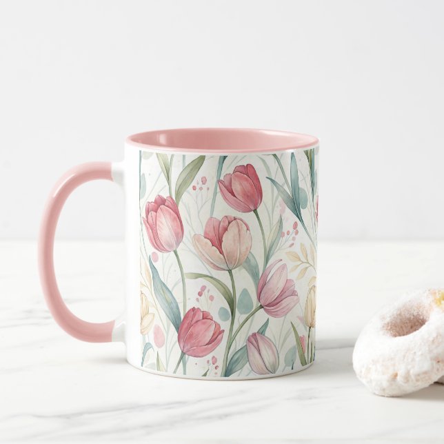 Pattern Watercolor Modern Tulips Mug (With Donut)