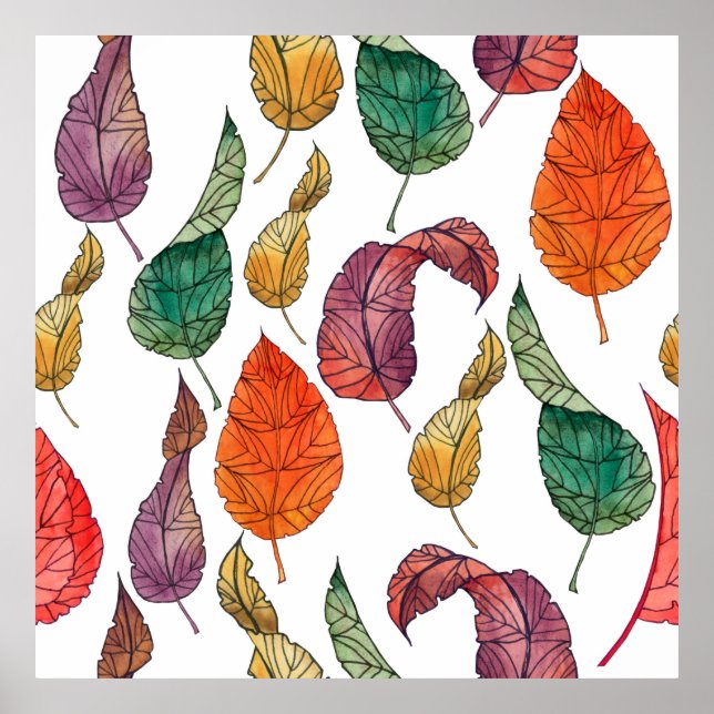Pattern with autumn leaves on a white background,  poster (Front)