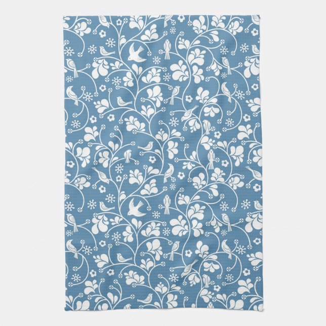 pattern with birds and plants ornament tea towel (Vertical)