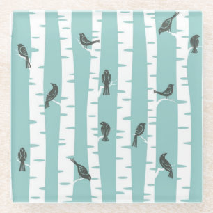 Pattern with birds and trees glass coaster
