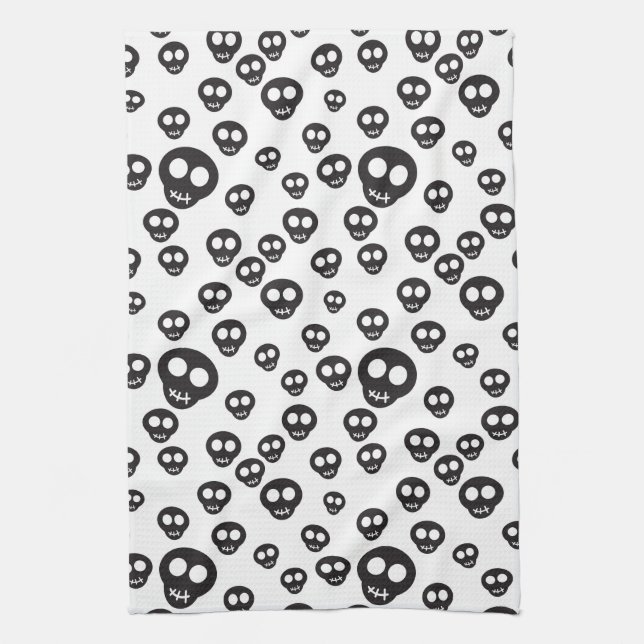 Pattern with black skulls on white tea towel (Vertical)