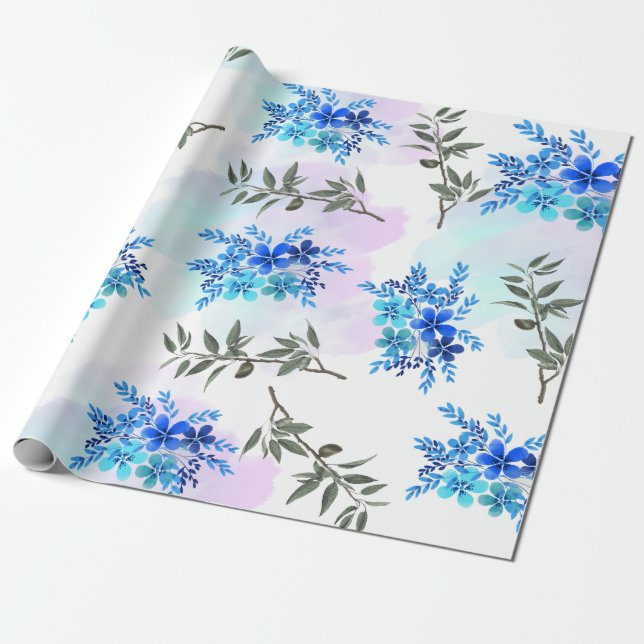 pattern with blue bouquet of flowers and leaves  wrapping paper (Unrolled)