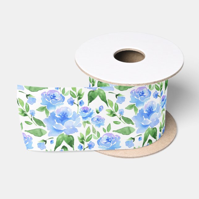 Pattern with blue watercolor flowers satin ribbon (Spool)