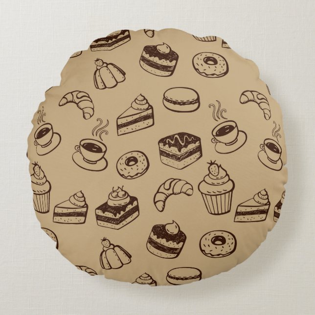 Pattern With Cakes, Desserts And Bakery Round Cushion (Front)