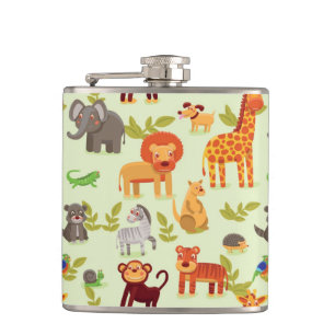 Pattern With Cartoon Animals Hip Flask