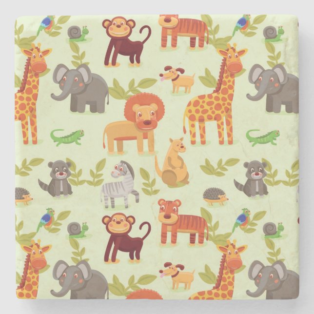 Pattern With Cartoon Animals Stone Coaster (Front)