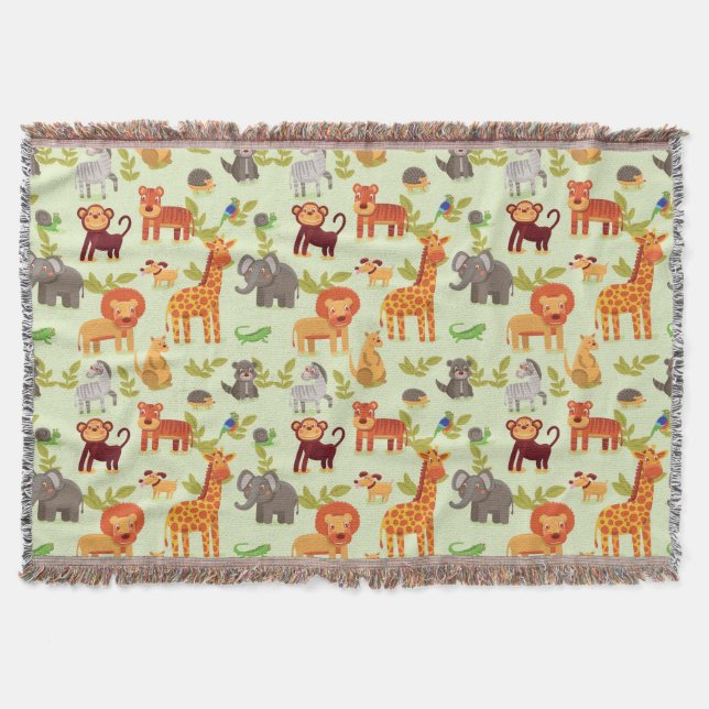 Pattern With Cartoon Animals Throw Blanket (Front)