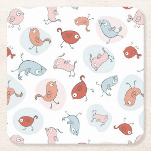 pattern with cartoon birds square paper coaster