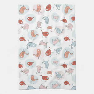 pattern with cartoon birds tea towel