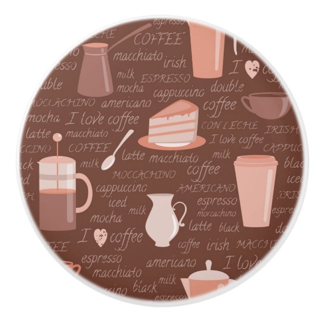 Pattern with coffee related elements ceramic knob (Front)