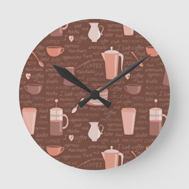 Pattern with coffee related elements round clock (Front)