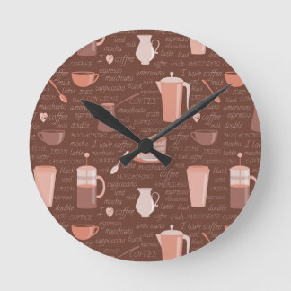 Pattern with coffee related elements round clock