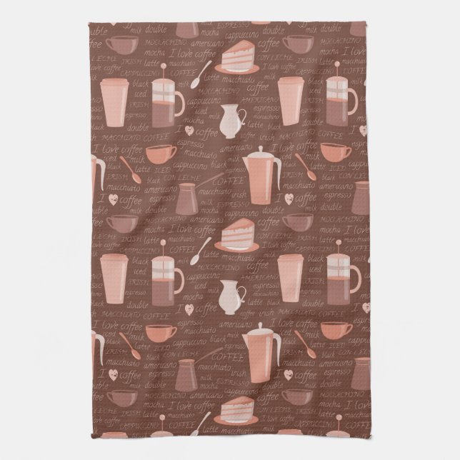 Pattern with coffee related elements tea towel (Vertical)