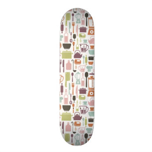 Pattern with colourful cooking icons skateboard