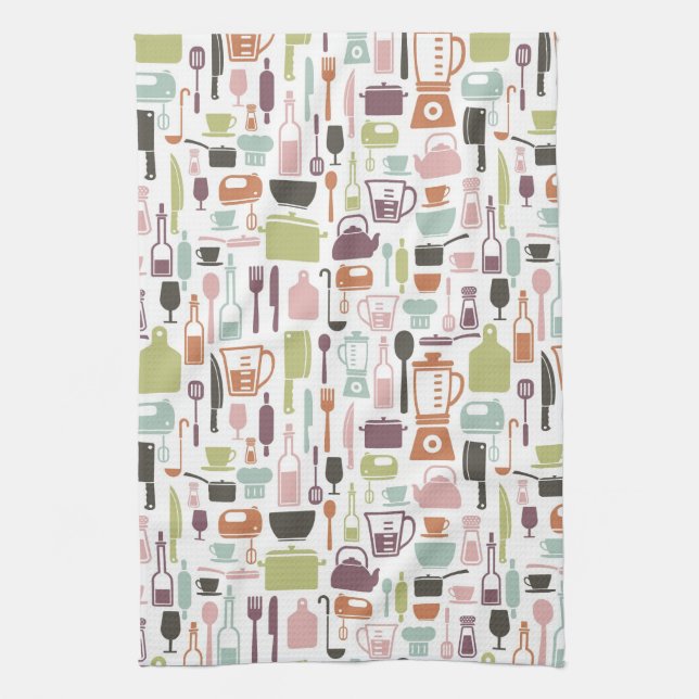 Pattern with colourful cooking icons tea towel (Vertical)