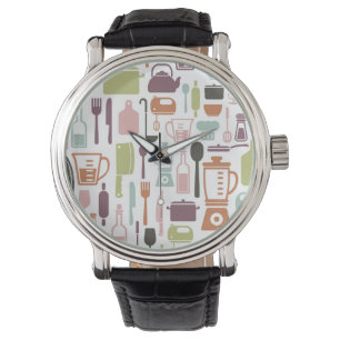 Pattern with colourful cooking icons watch