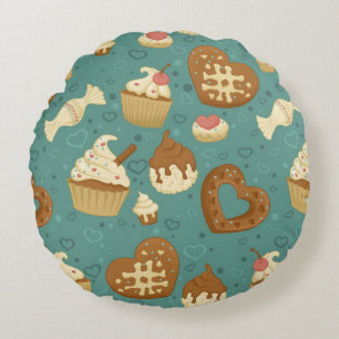Pattern with cupcakes and candies round cushion