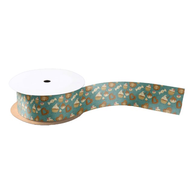 Pattern with cupcakes and candies satin ribbon (Spool)