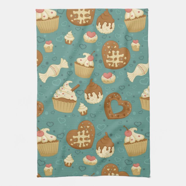 Pattern with cupcakes and candies tea towel (Vertical)