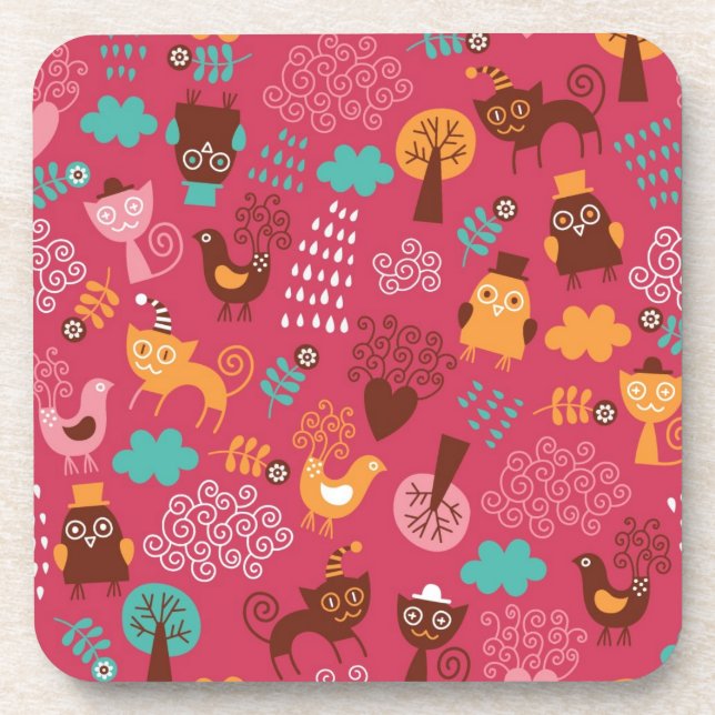 Pattern with cute birds and cats coaster (Front)