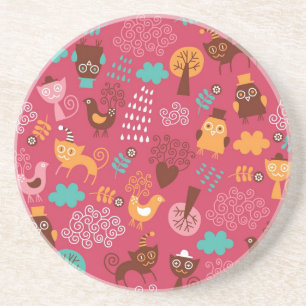 Pattern with cute birds and cats coaster