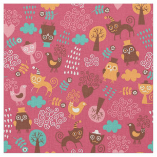 Pattern with cute birds and cats fabric
