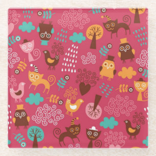 Pattern with cute birds and cats glass coaster