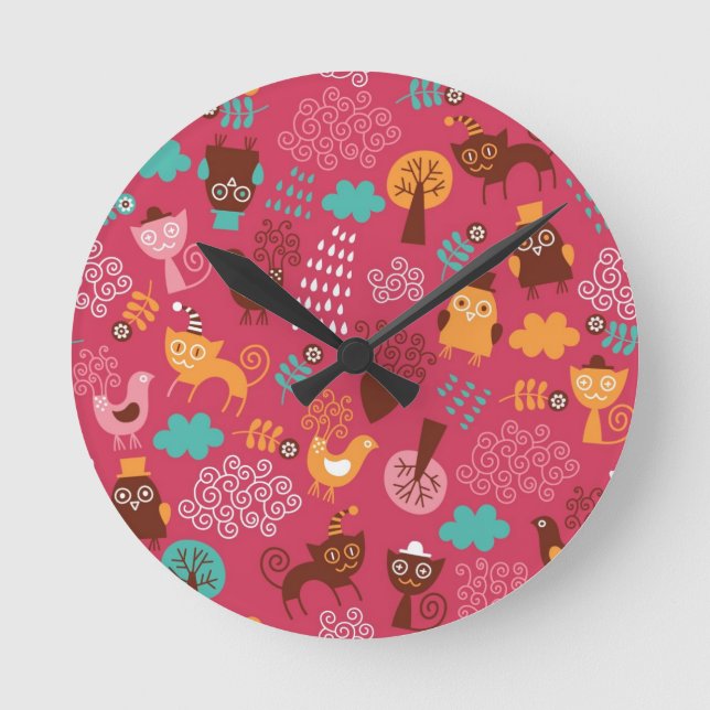 Pattern with cute birds and cats round clock (Front)