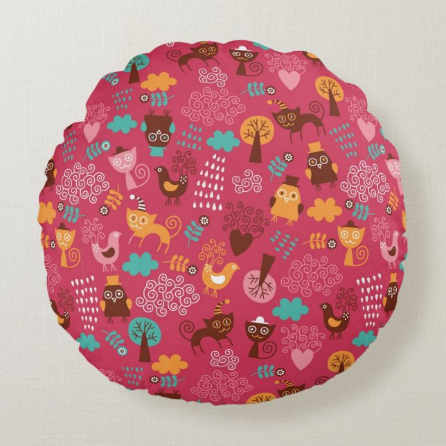 Pattern with cute birds and cats round cushion (Front)