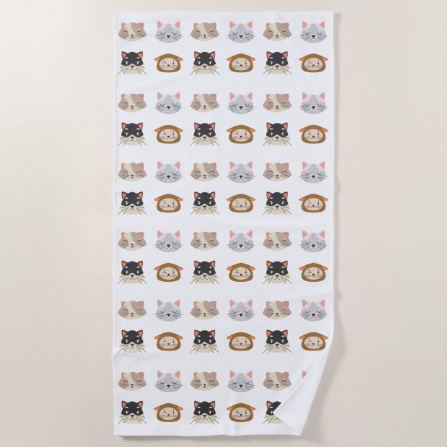 Pattern with Cute Cat Heads Beach Towel (Front)