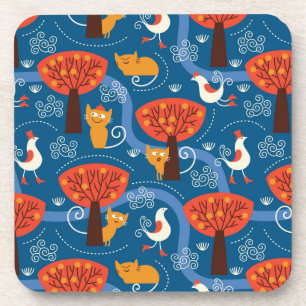 pattern with cute cats and birds coaster