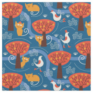 pattern with cute cats and birds fabric