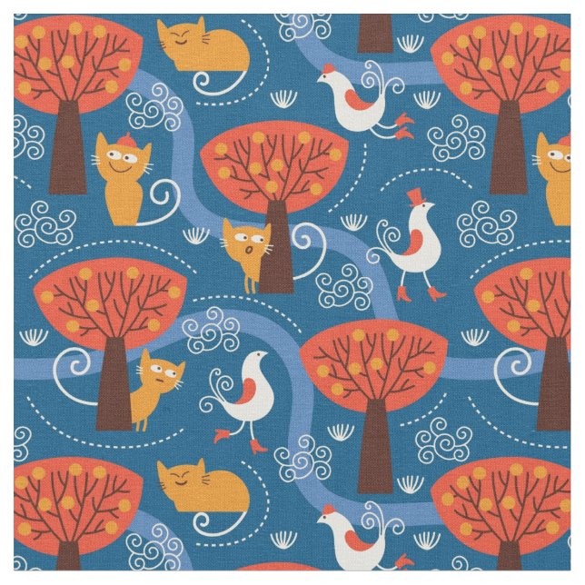 pattern with cute cats and birds fabric (Close Up)