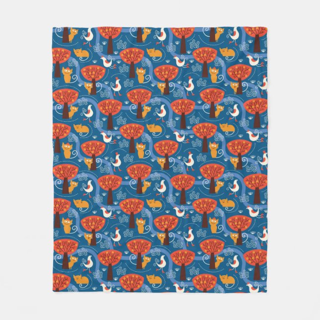 pattern with cute cats and birds fleece blanket (Front)