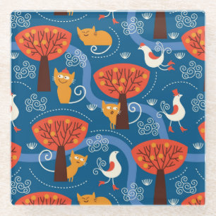 pattern with cute cats and birds glass coaster