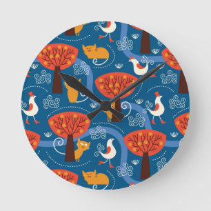 pattern with cute cats and birds round clock