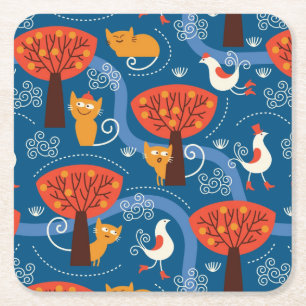 pattern with cute cats and birds square paper coaster