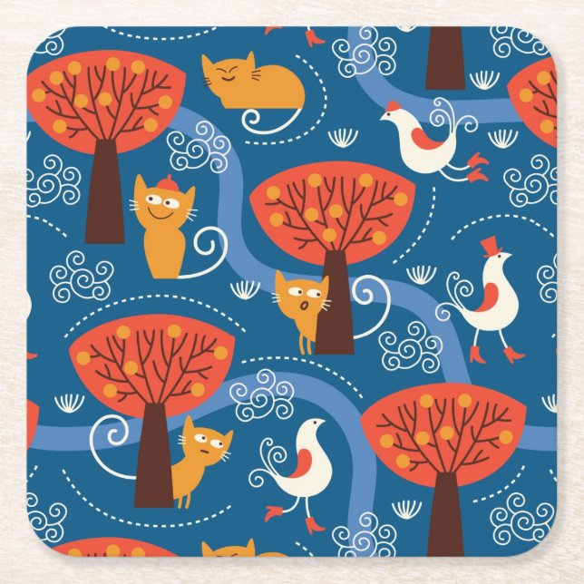 pattern with cute cats and birds square paper coaster (Front)