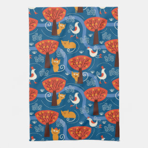 pattern with cute cats and birds tea towel