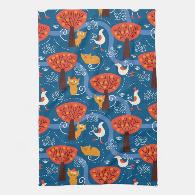 pattern with cute cats and birds tea towel (Vertical)