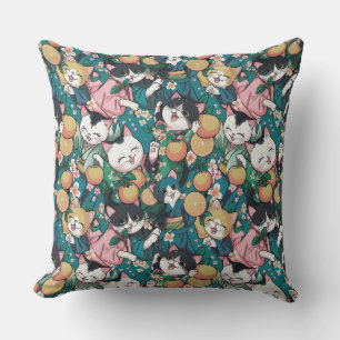 Pattern with cute dancing cats in kimonos, tanger Cushion