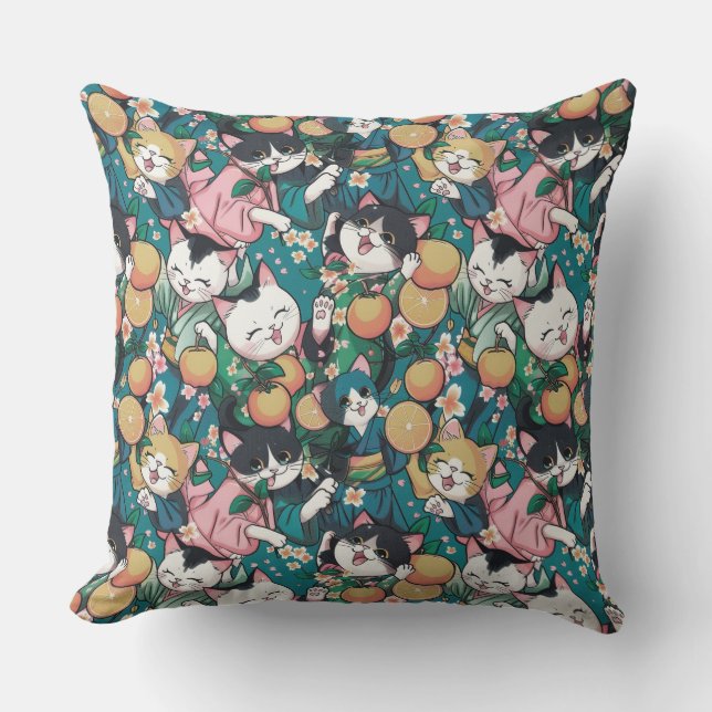  Pattern with cute dancing cats in kimonos, tanger Cushion (Front)