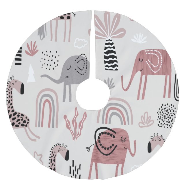 pattern with cute elephants and giraffes giant   brushed polyester tree skirt (Front)