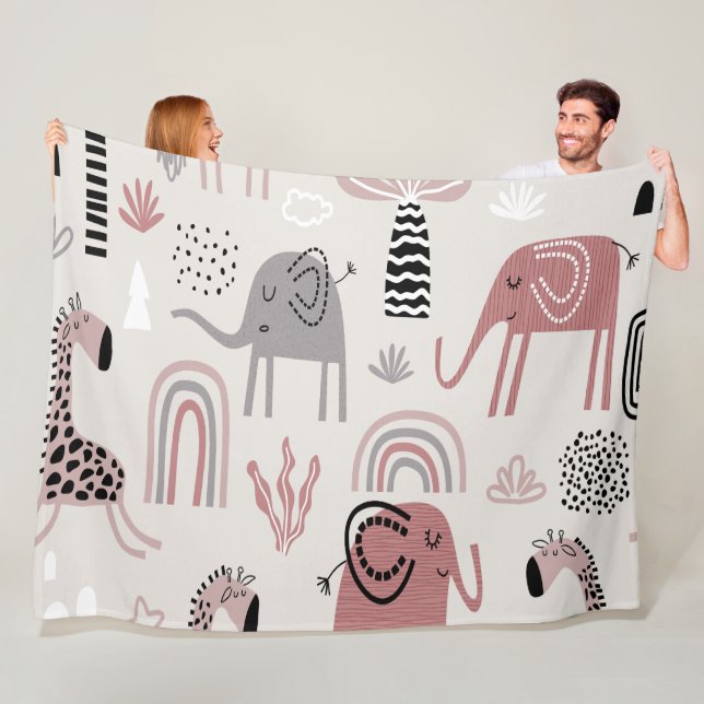 pattern with cute elephants and giraffes giant  fleece blanket (In Situ)