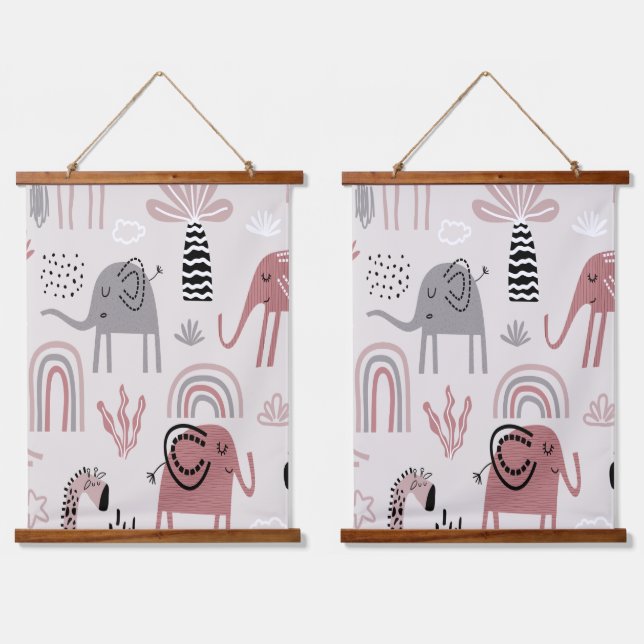 pattern with cute elephants and giraffes giant   hanging tapestry (Double)