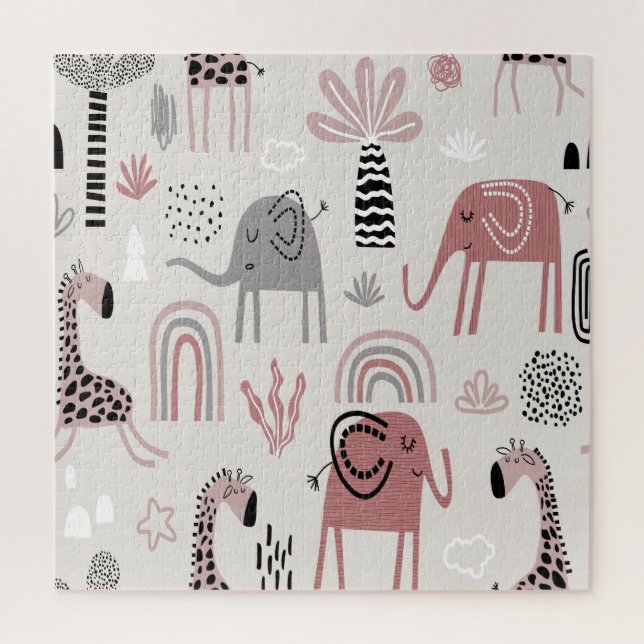 pattern with cute elephants and giraffes giant  jigsaw puzzle (Vertical)