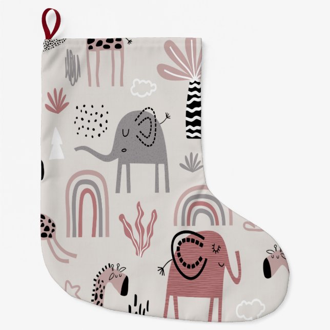 pattern with cute elephants and giraffes giant  large christmas stocking (Front)