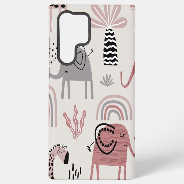 pattern with cute elephants and giraffes giant  samsung galaxy s22 ultra case (Back)